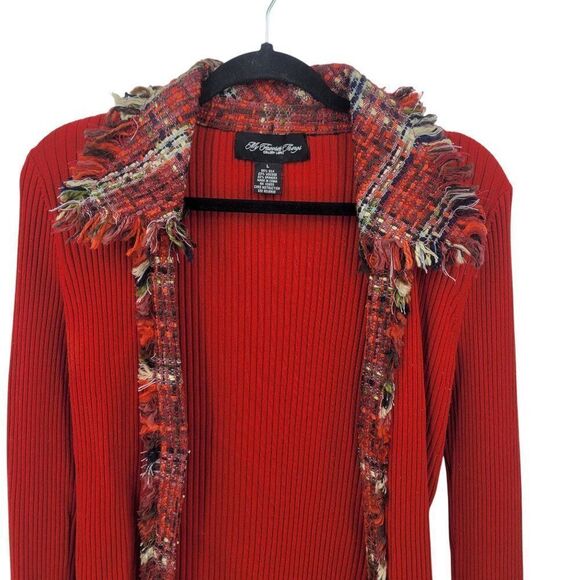 My Favorite Things Red Ribbed Silk Cardigan Jacket L Plaid Tweed Collar Cuffs - Picture 9 of 15